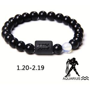 Aquarius Zodiac Signs Charm Bracelet Natural 8mm Black Onyx Stone Beads